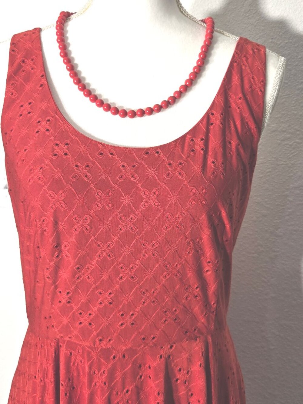 Hutch Red Eyelet Dress Sleeveless Fit & Flare Summer Midi Size LG - Free Gift